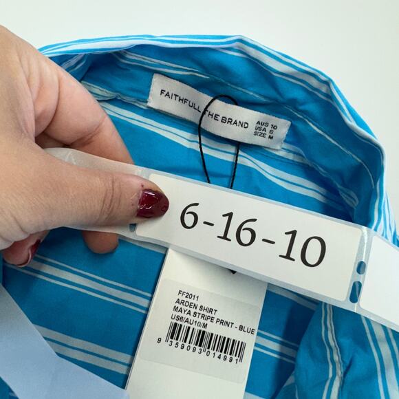 Faithful the Brand Shirt Womens Medium Blue White Maya Striped Arden Top - Picture 6 of 10